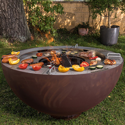 BBQ گودال آتش نشانی کورتن فولادی 1000 میلی متری در فضای باز با حلقه گریل سفارشی
